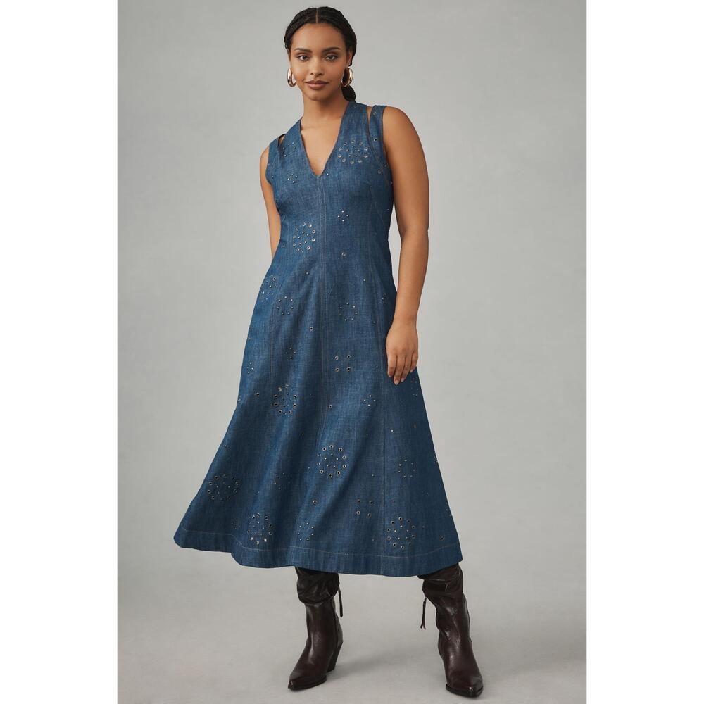 BY ANTHROPOLOGIE GROMMET DENIM MIDI DRESS 12 nwt